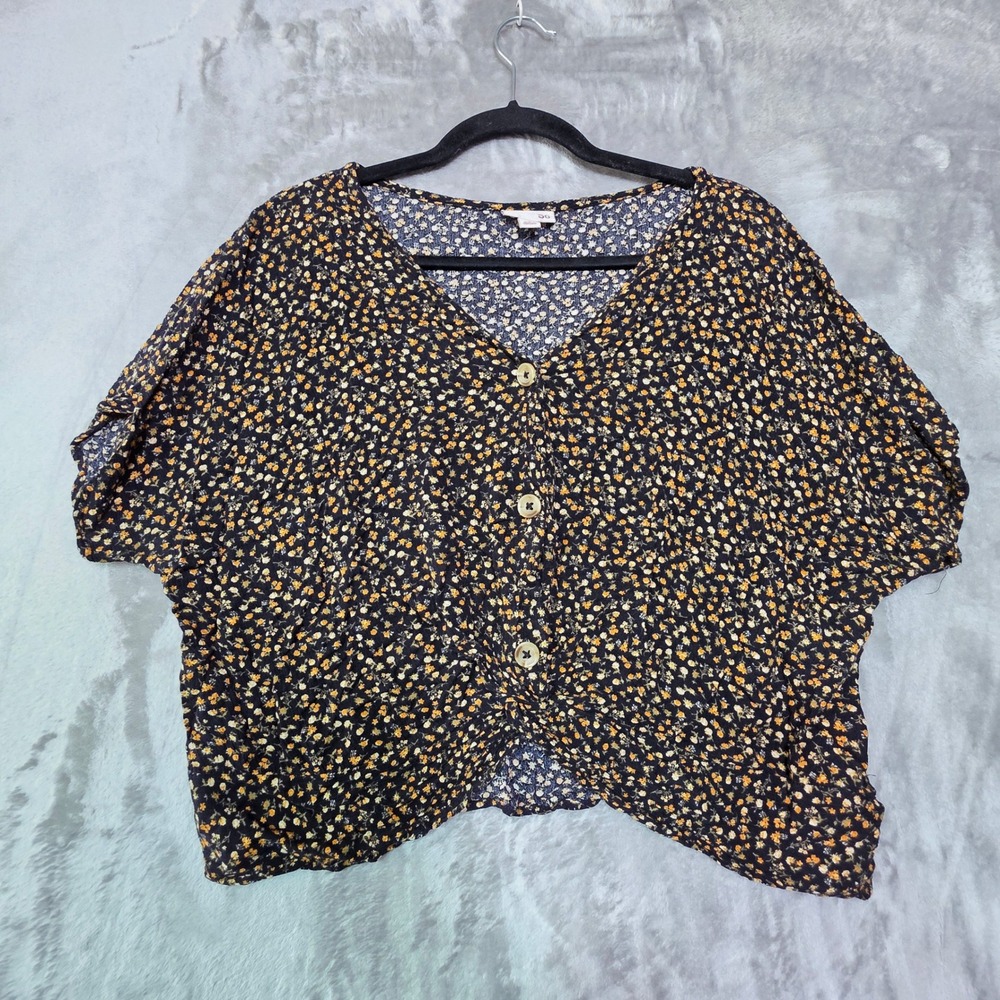 SO Floral Button Front Twist Knot Top Black Yellow Ditsy Rayon Blouse Large